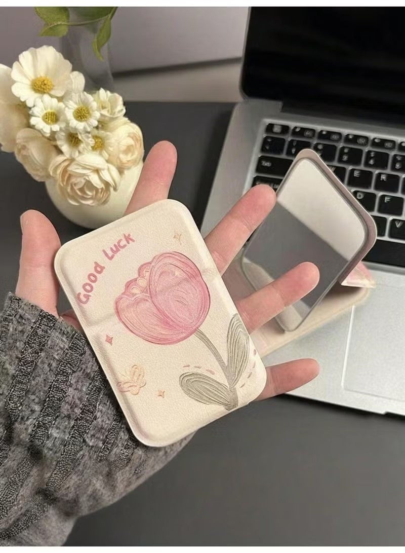 Pocket Mirror, Portable Folding Makeup Mirror, Compact Adjustable Small Mirror with Stand for Quick Touch-ups, Travel Handheld Mirror for Women Girls, Mini Mirror Great for Home, Office, Camping (Beige) - Image 5
